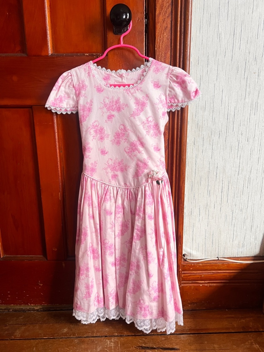 Pink Floral Lace-Trim Girls Dress